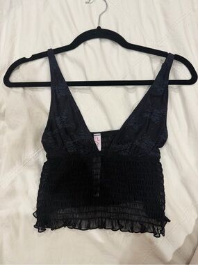 Urban Outfitters Black Floral Lace Smocked Bandeau Tank NWOT